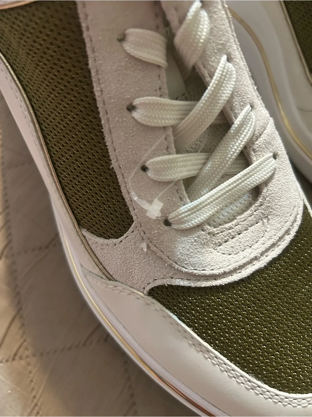 Michael Kors Emmy Mixed Media Wedge Trainer Sneaker Husk Olive Gold 9.5